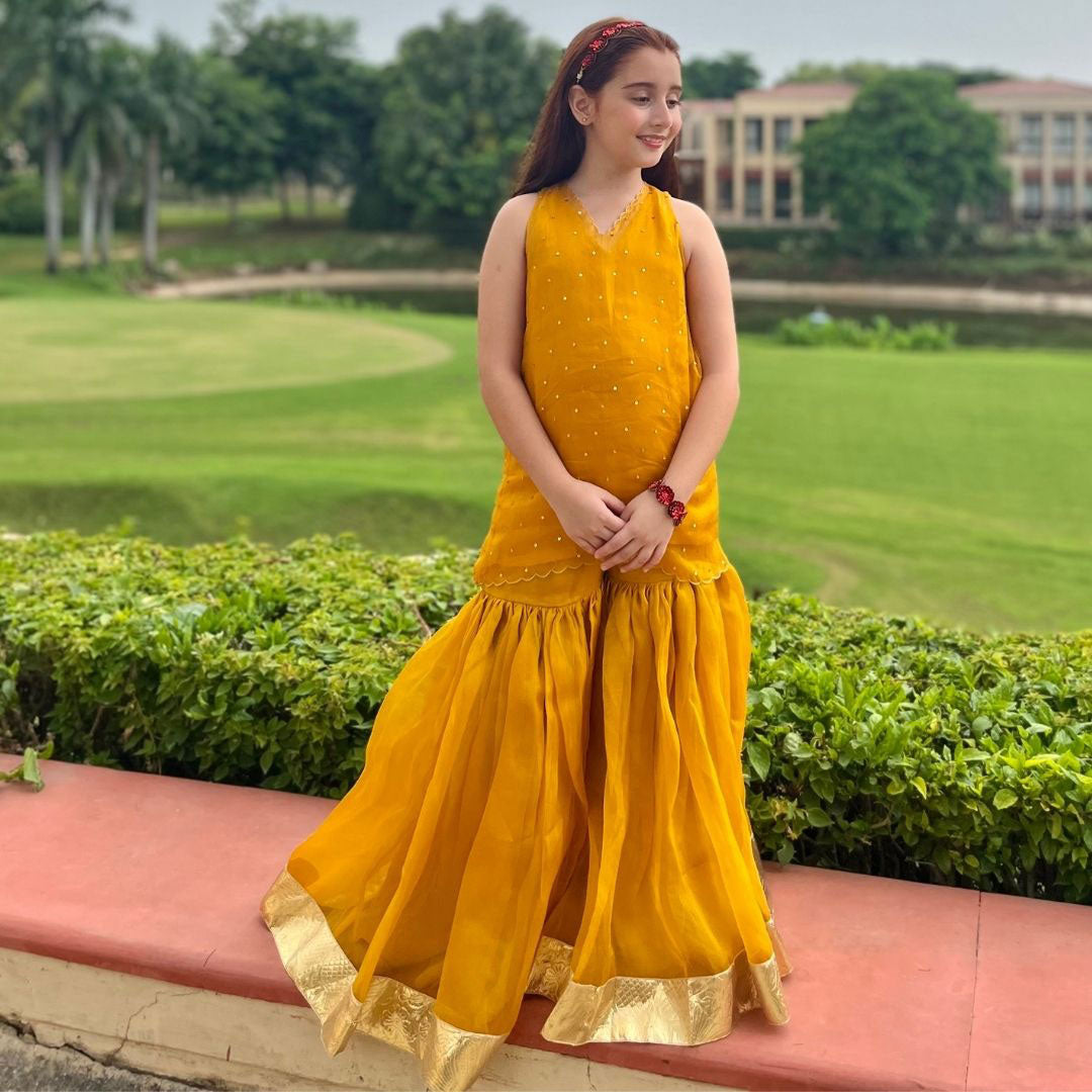 Misbah mustard yellow sharara – organza kurti fuchsia crepe lining ages 1-14 for Diwali Eid, South Delhi Defence Colony