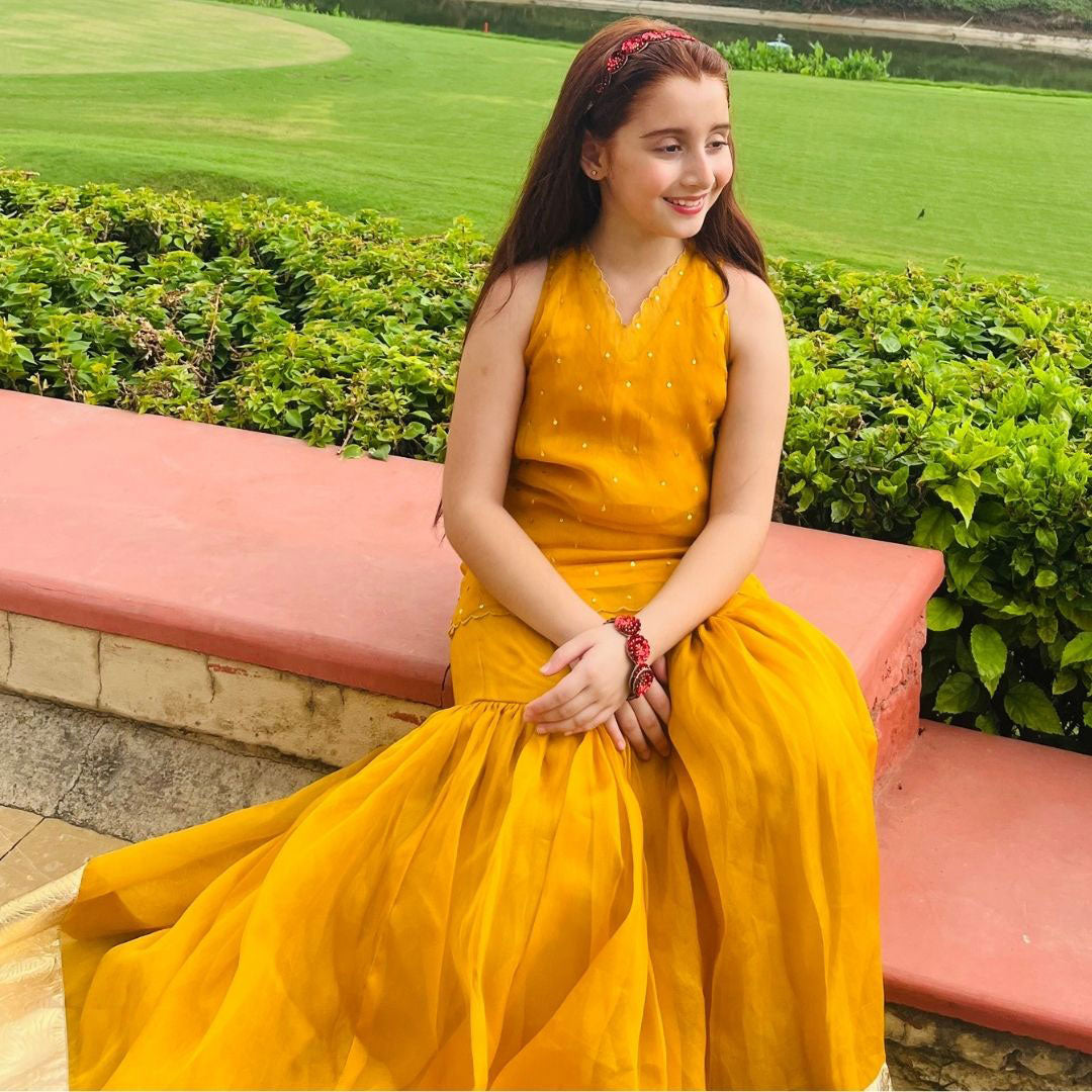 Klistel Misbah mustard sharara side view – festive ethnic kidswear ages 3-10 for weddings Haldi, Mumbai Worli Sea Face