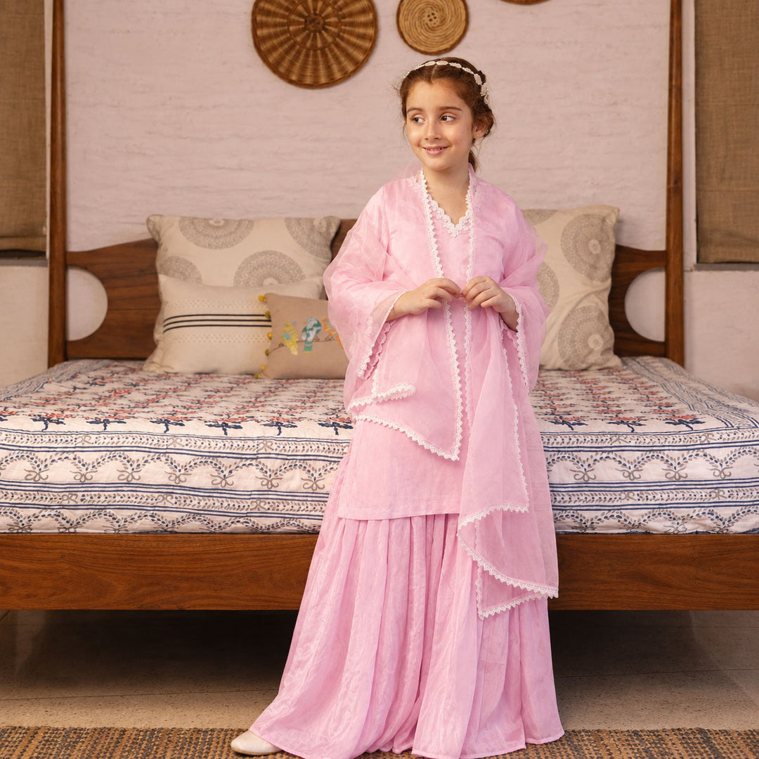 Noor-e-Heera baby pink pearl sharara for teens ages 10-14 – premium ethnic kidswear for wedding receptions, Dubai Singapore | Klistel