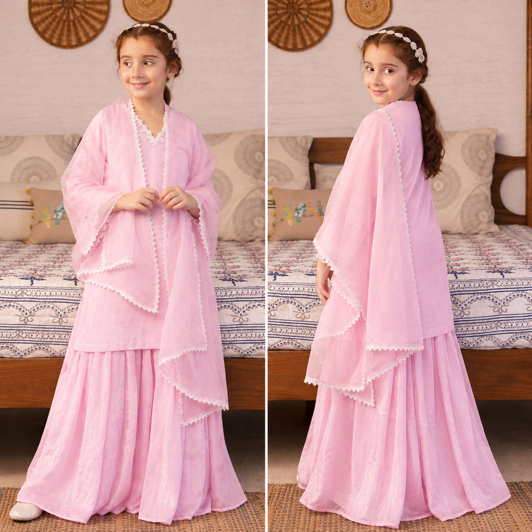 Noor-e-Heera baby pink sharara with organza dupatta ages 3-14 – luxury ethnic kidswear for Diwali Eid, South Delhi Gurgaon | Klistel