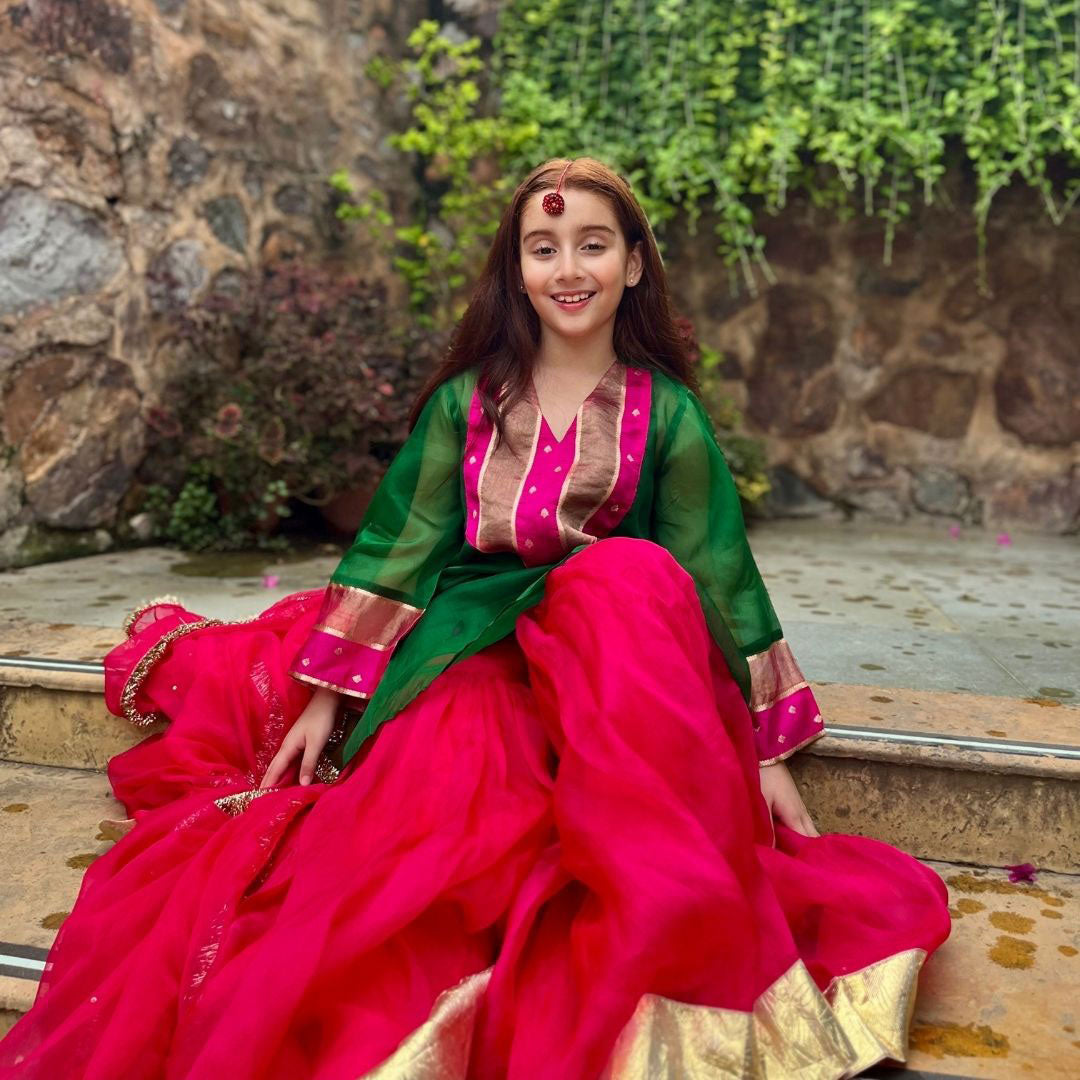 Emerald fuchsia organza sharara back view – luxury ethnic kidswear ages 1-14 for Navratri Onam, Ahmedabad Bodakdev
