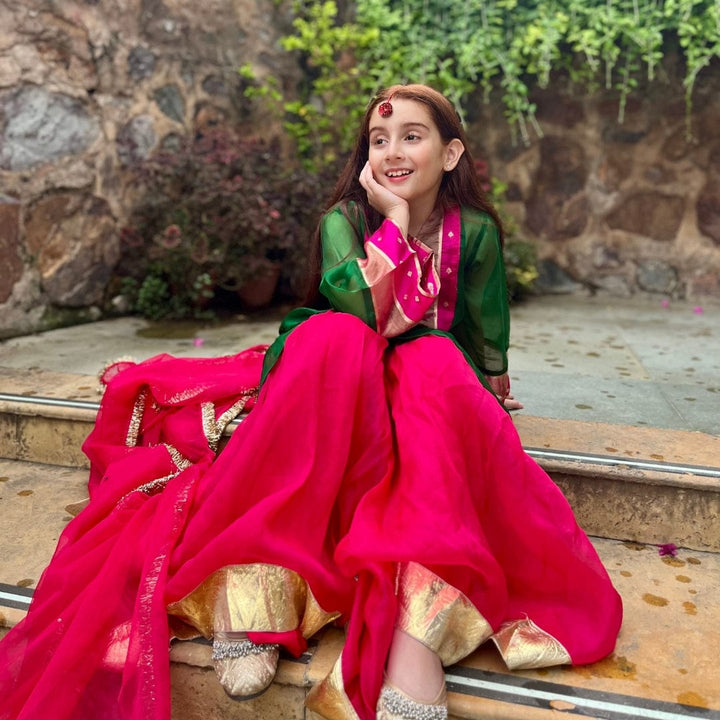 Emerald fuchsia pink sharara handcrafted embellishments – luxury ethnic kidswear ages 2-12 for Navratri Garba, South Delhi