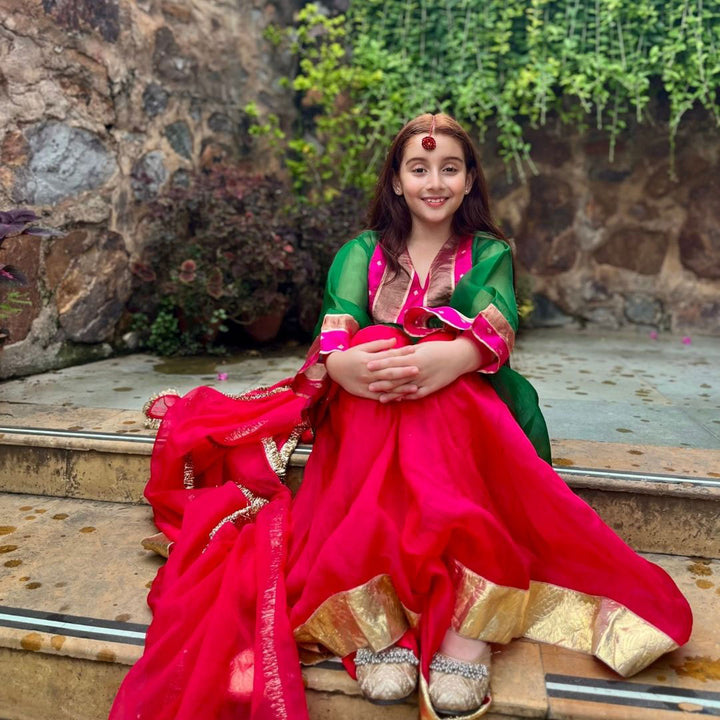 Emerald green fuchsia sharara movement detail – artisan ethnic kidswear ages 4-14 for Durga Puja Haldi, Hyderabad Jubilee Hills