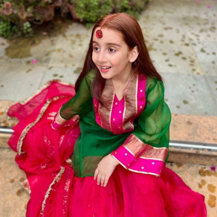 Panna II emerald green fuchsia pink sharara – organza over crepe ages 1-14 for Diwali Eid, Gurgaon DLF Magnolias