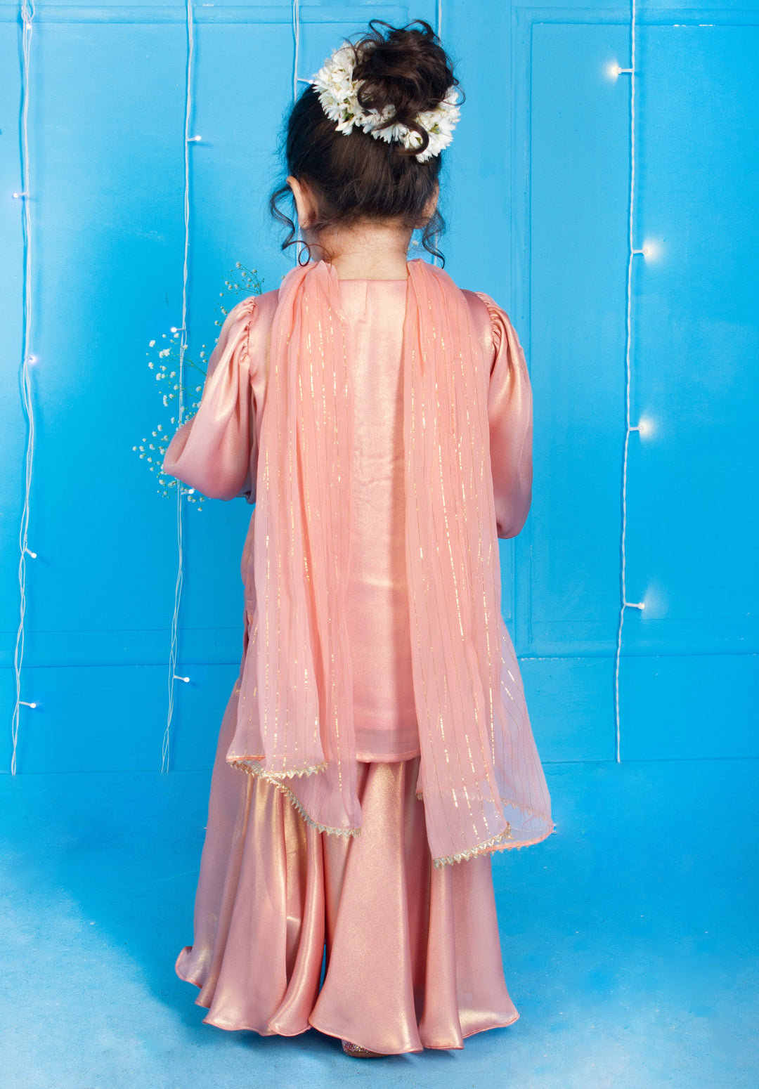 Twilight Swift peach sharara full view – premium handcrafted kidswear ages 5-14 for Navratri Durga Puja, Ahmedabad Prahlad Nagar