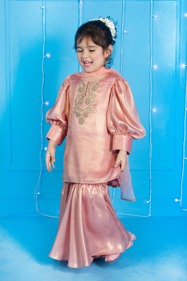Shimmer peach sharara golden lurex dupatta – luxury ethnic kidswear ages 2-12 for weddings, Gurgaon DLF Magnolias