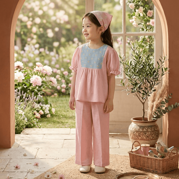 Pink Flower Embroidered Co-ord Set for Girls