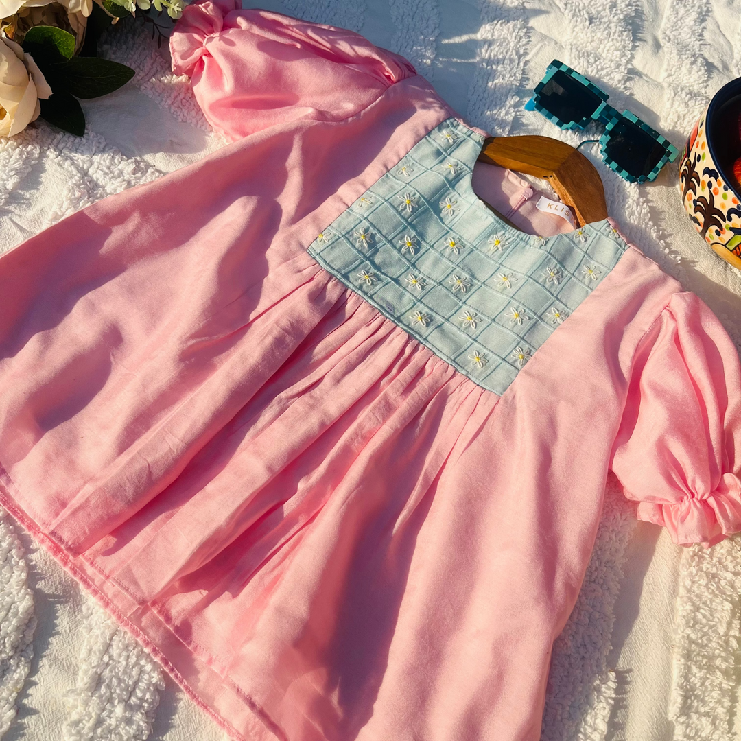 Pink Flower Embroidered Co-ord Set for Girls