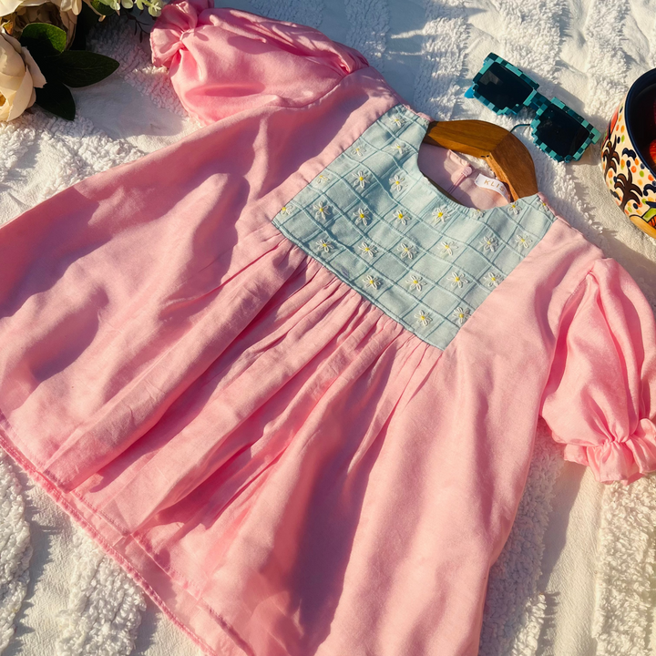 Pink Flower Embroidered Co-ord Set for Girls