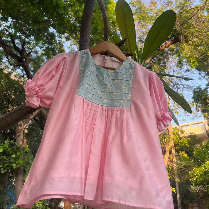 Pink Flower Embroidered Co-ord Set for Girls